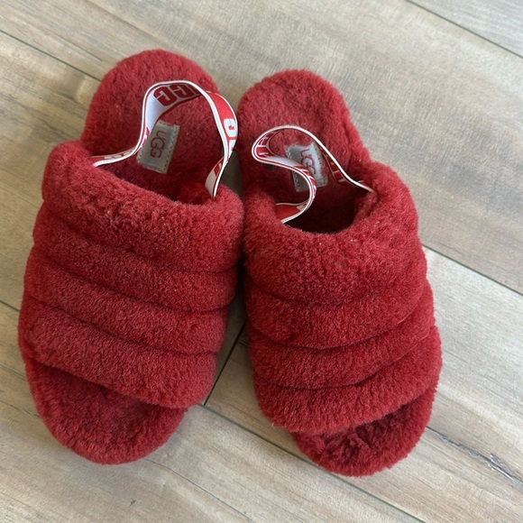 UGG Fluff Yeah Comfort Slip On Slingback Slides Ribbon Red Womens Big Girl Sz 5 - Picture 1 of 2